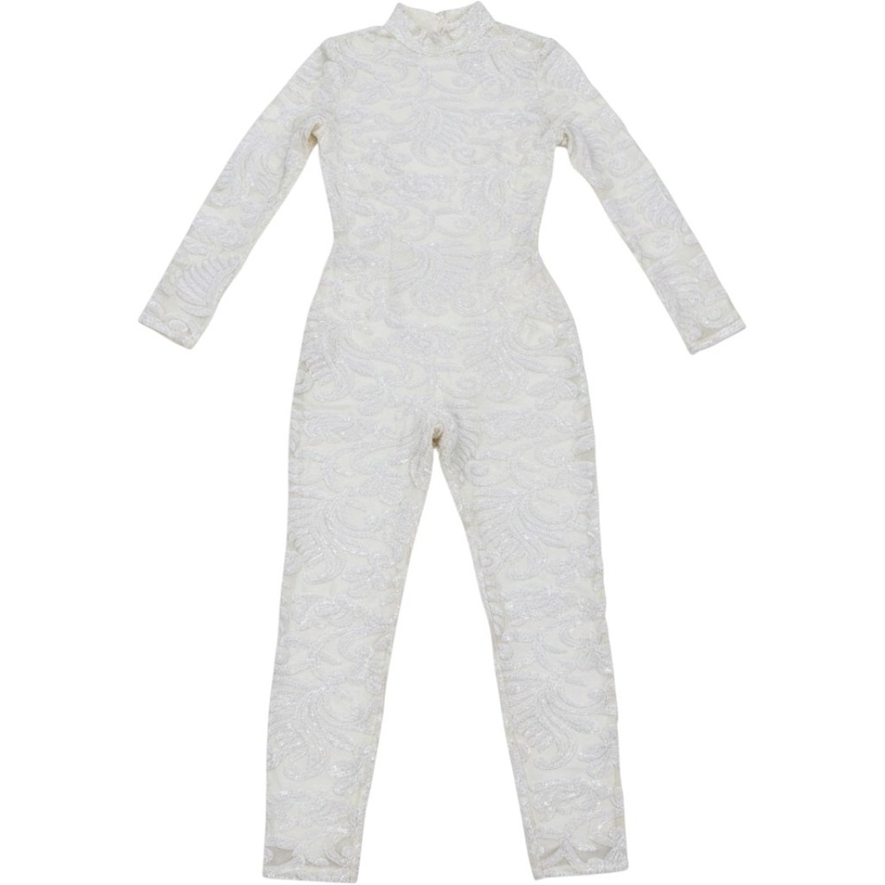 Banjul Sequin Paisley Jumpsuit Womens Small Cream Mock Neck Long Sleeve Sparkle